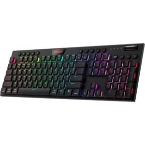 Teclado Gamer Redragon K618 PRO RGB mecánico inalámbrico vista frontal con iluminación RGB y diseño compacto.
