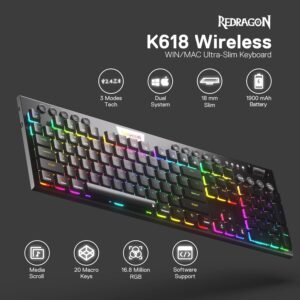 Teclado Gamer Redragon K618 PRO RGB mecánico inalámbrico vista frontal destacando modos de iluminación y funciones integradas.