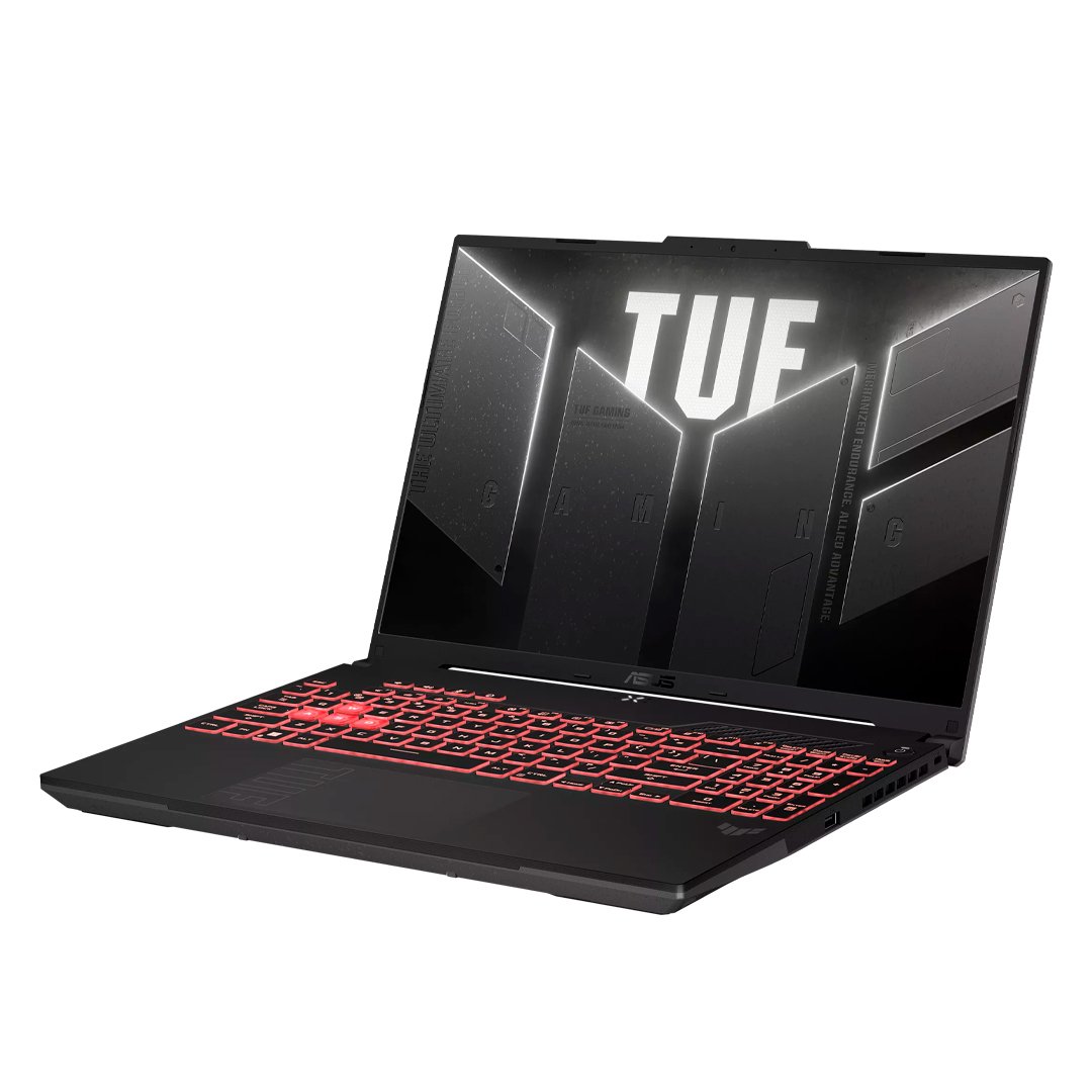 Portátil ASUS TUF Gaming A16 RTX 4050 16GB RAM 512GB SSD pantalla de alto rendimiento, vista lateral abierta para gaming.
