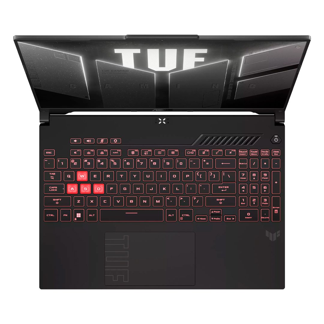 Portátil ASUS TUF Gaming A16 RTX 4050 16GB RAM 512GB SSD vista superior con teclado retroiluminado y pantalla amplia.